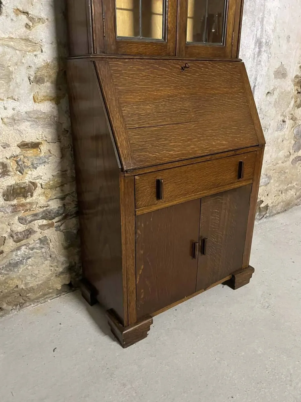Secrétaire vitrine en chêne meuble 2 corps avec abattant