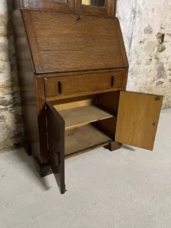 Secrétaire vitrine en chêne meuble 2 corps avec abattant