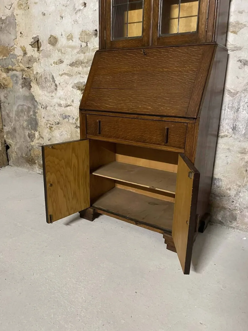 Secrétaire vitrine en chêne meuble 2 corps avec abattant