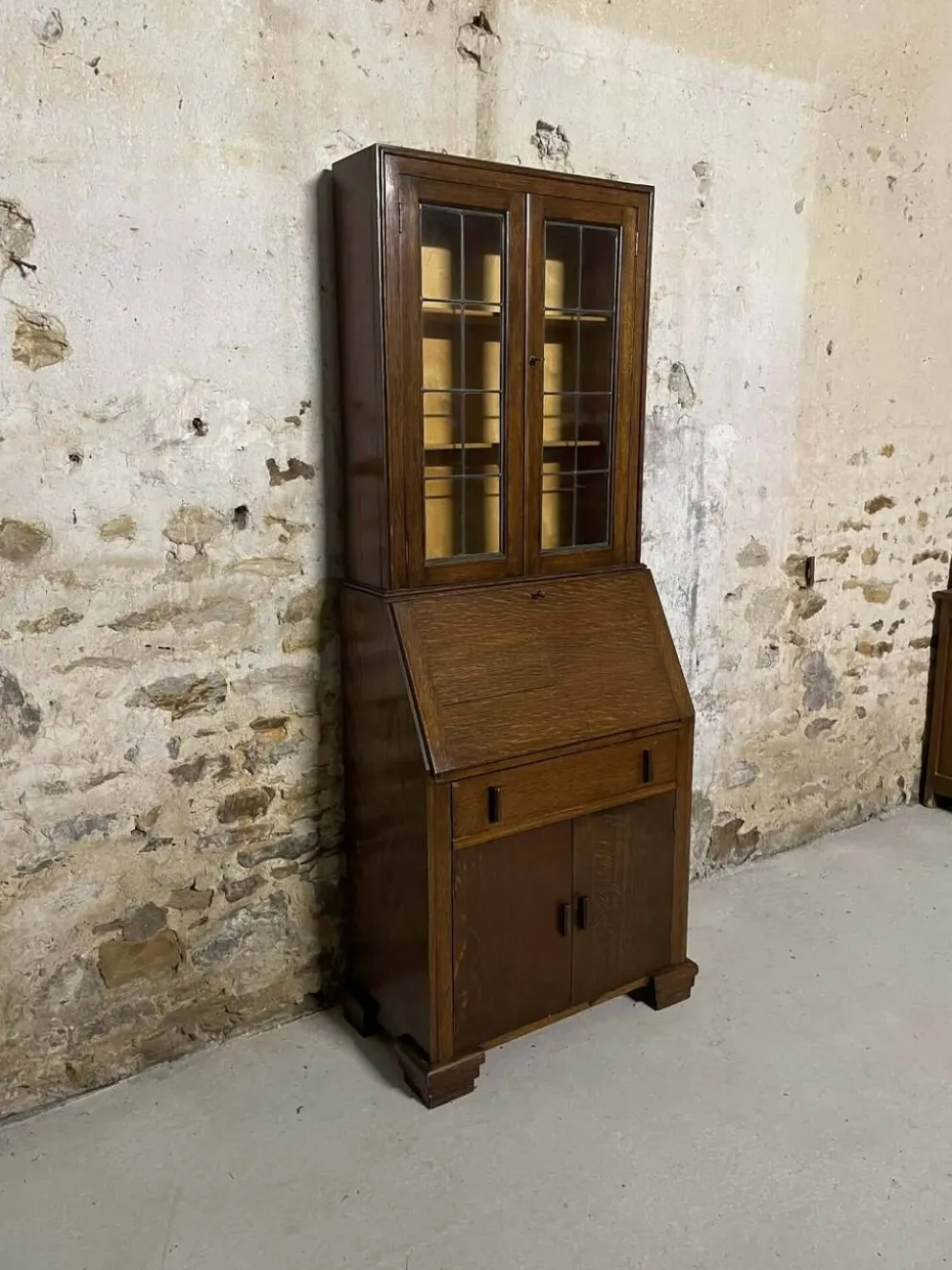 Secrétaire vitrine en chêne meuble 2 corps avec abattant