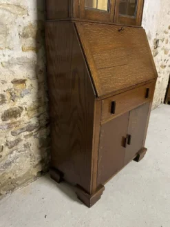 Secrétaire vitrine en chêne meuble 2 corps avec abattant