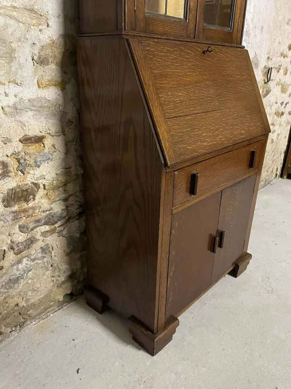 Secrétaire vitrine en chêne meuble 2 corps avec abattant
