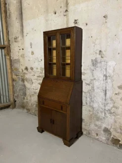 Secrétaire vitrine en chêne meuble 2 corps avec abattant