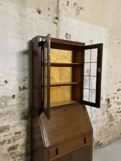Secrétaire vitrine en chêne meuble 2 corps avec abattant
