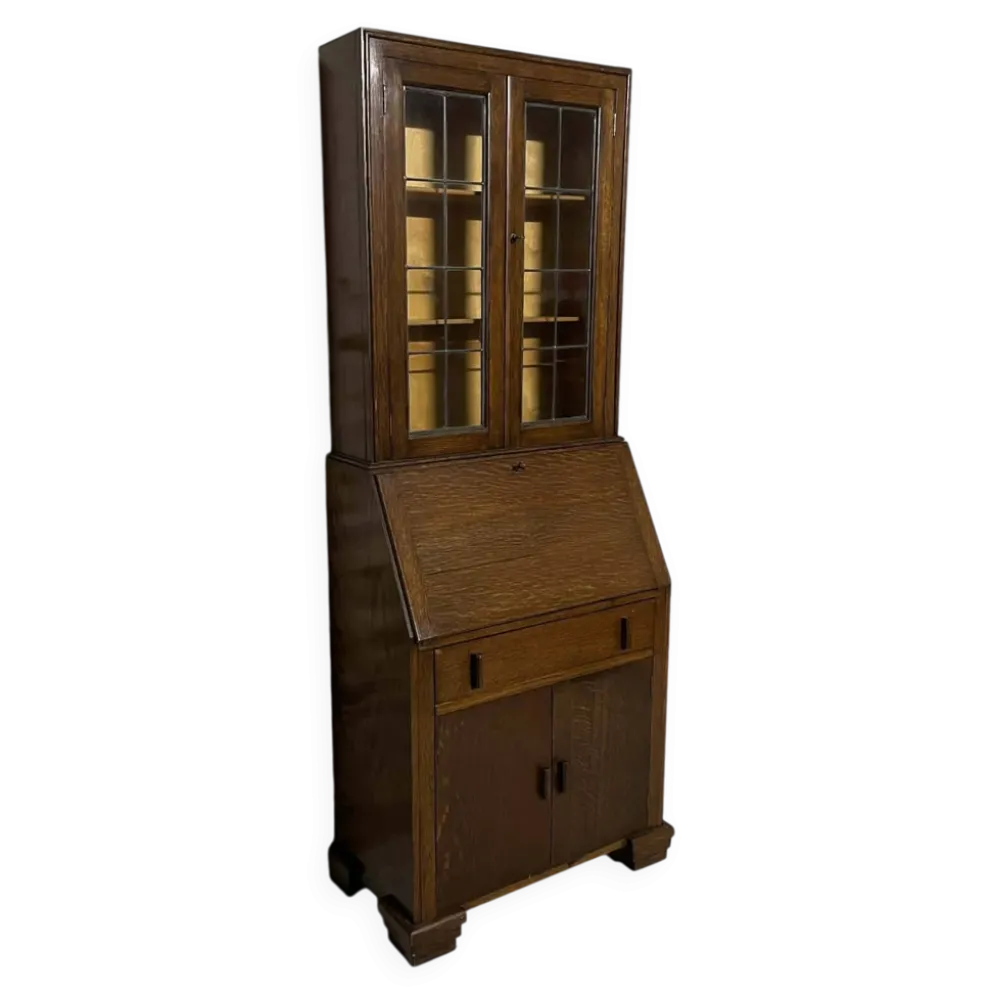 Secrétaire vitrine en chêne meuble 2 corps avec abattant