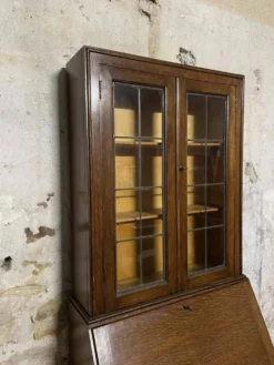 Secrétaire vitrine en chêne meuble 2 corps avec abattant
