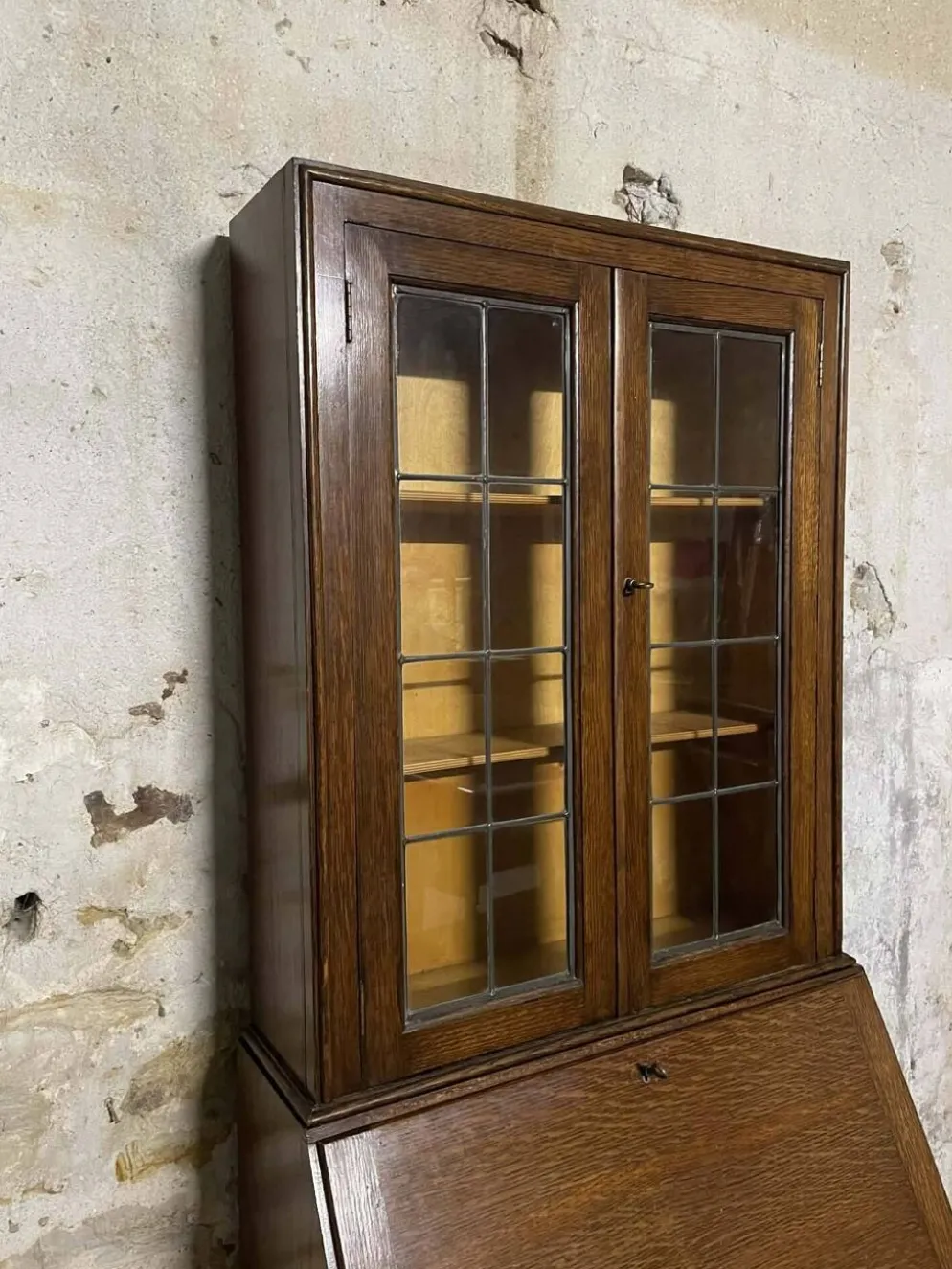 Secrétaire vitrine en chêne meuble 2 corps avec abattant