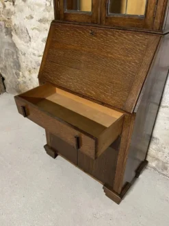 Secrétaire vitrine en chêne meuble 2 corps avec abattant