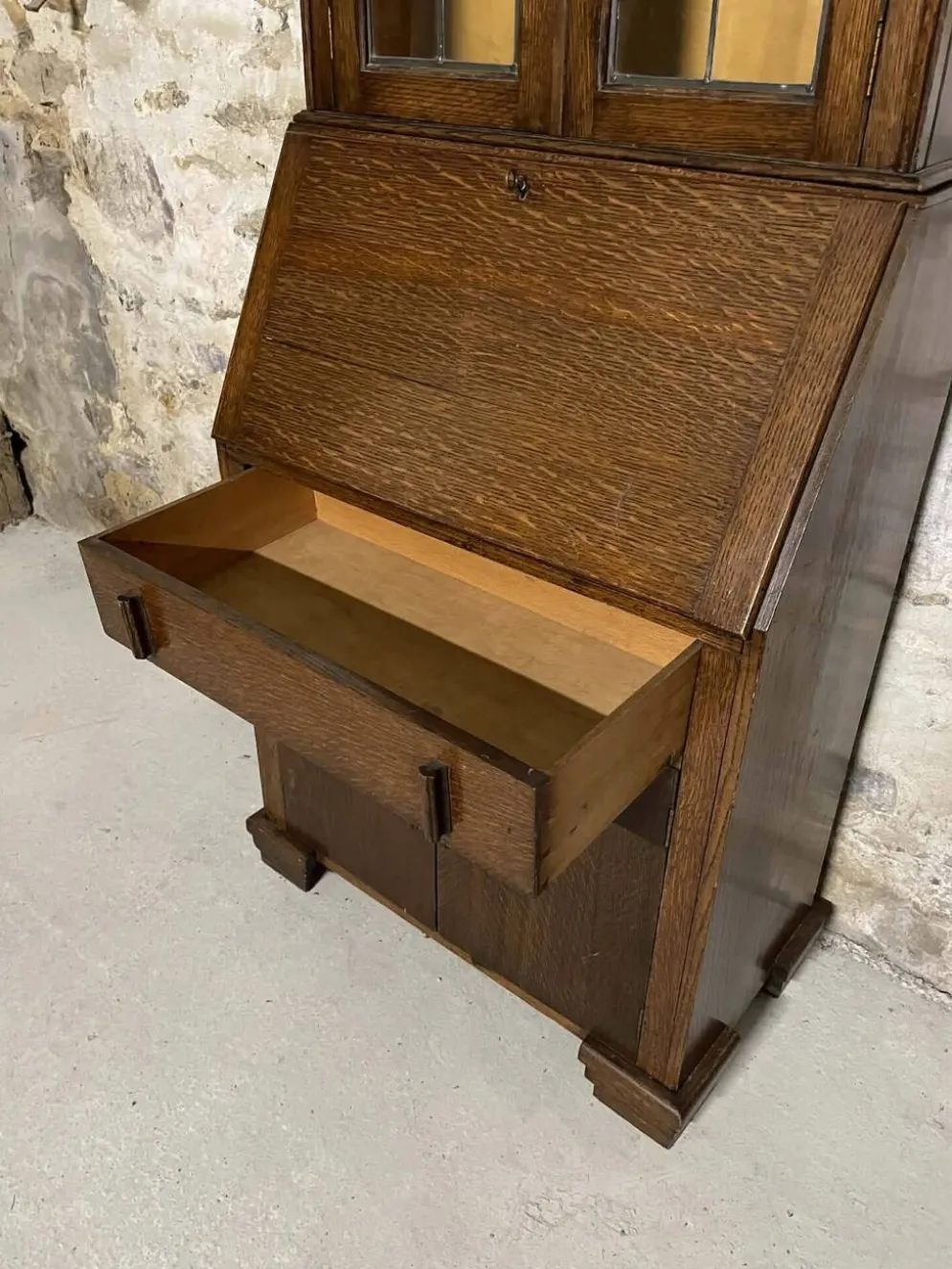 Secrétaire vitrine en chêne meuble 2 corps avec abattant