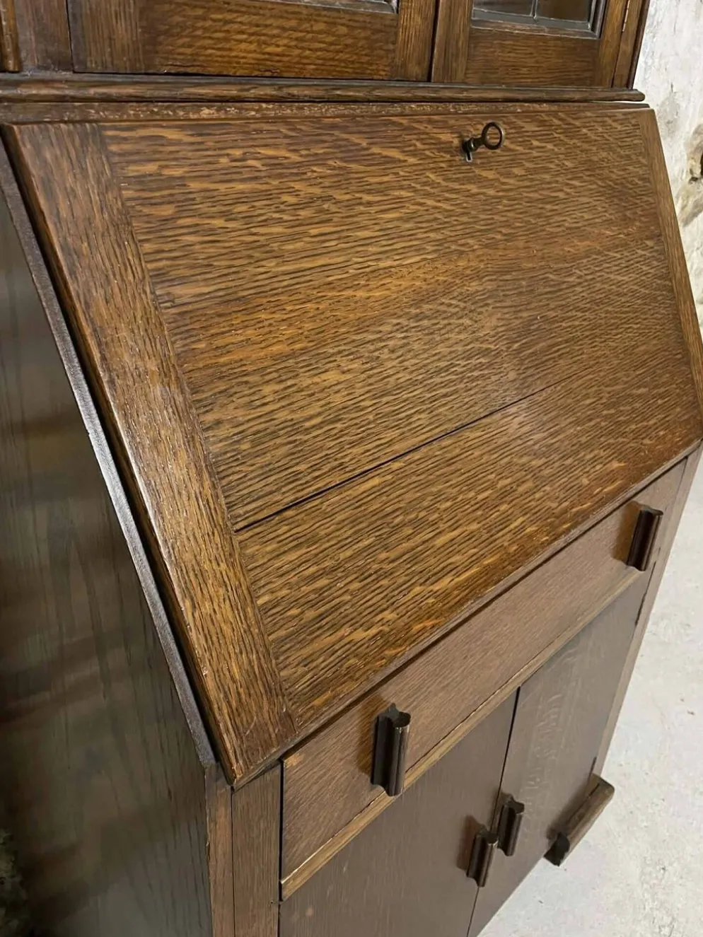 Secrétaire vitrine en chêne meuble 2 corps avec abattant