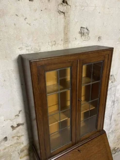 Secrétaire vitrine en chêne meuble 2 corps avec abattant