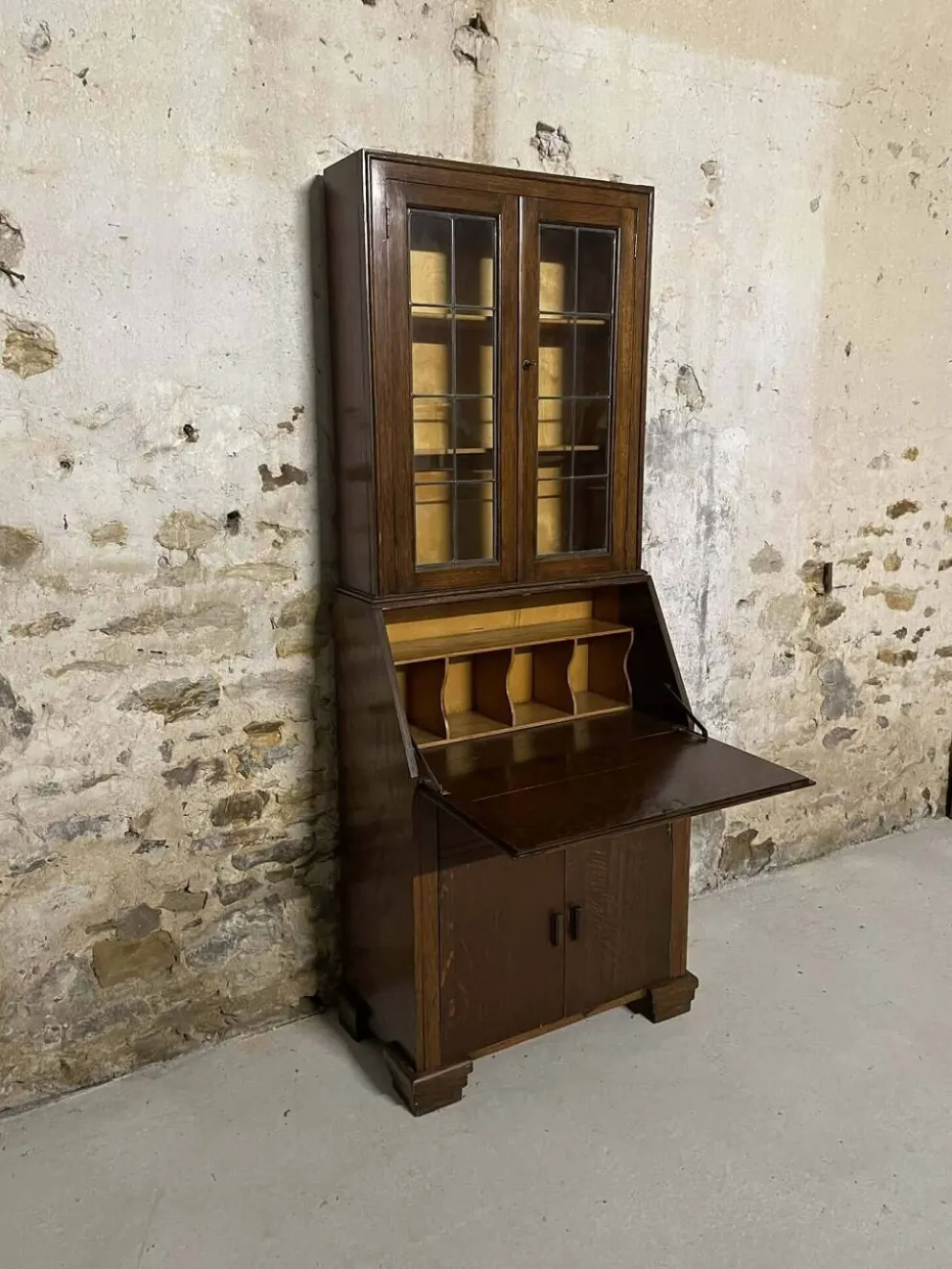 Secrétaire vitrine en chêne meuble 2 corps avec abattant