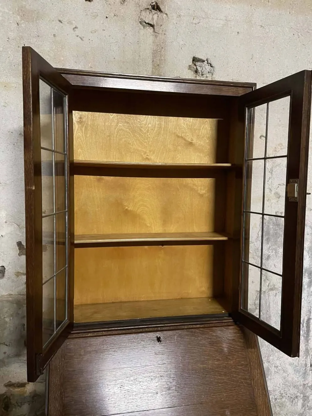 Secrétaire vitrine en chêne meuble 2 corps avec abattant