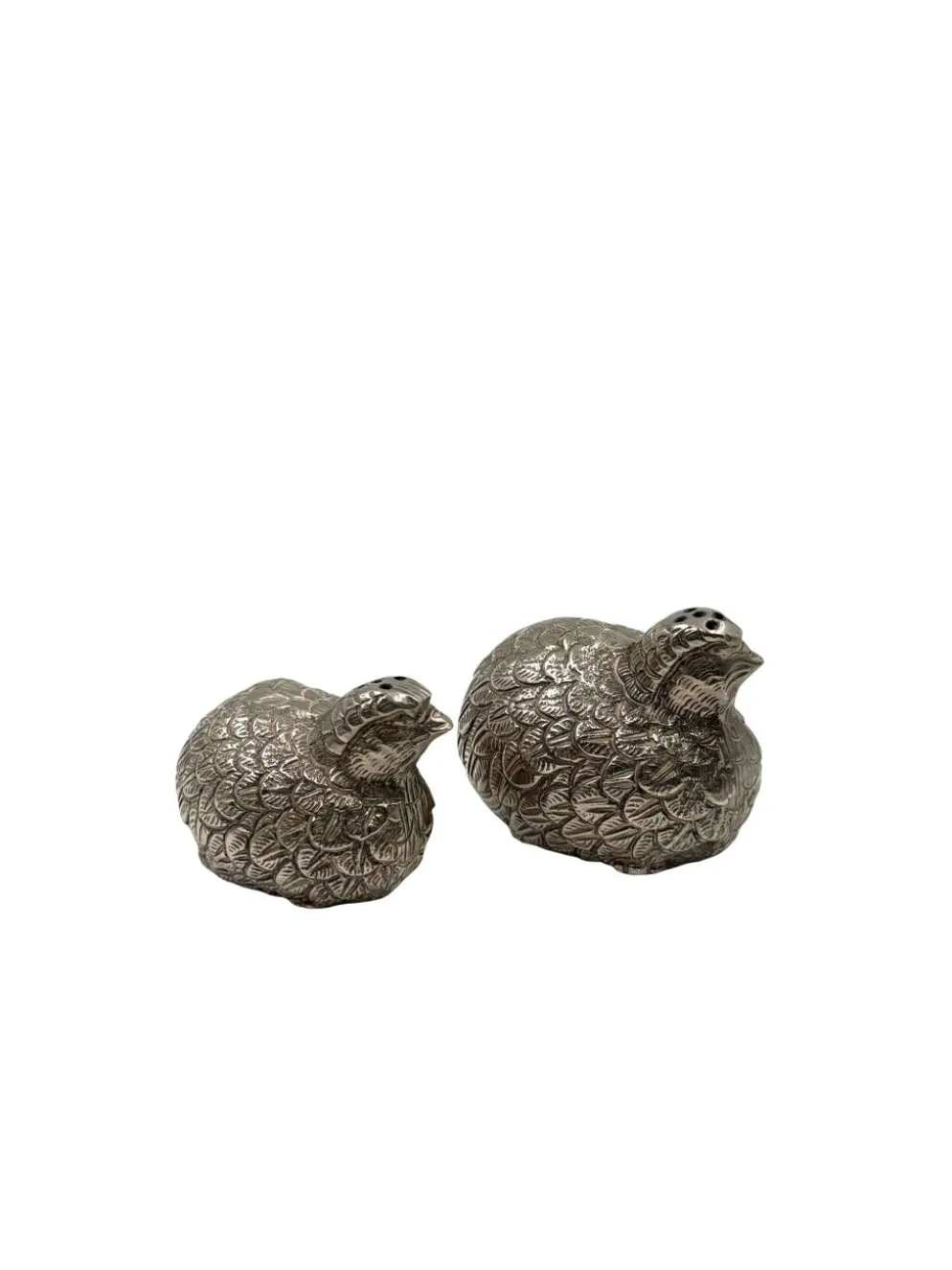 Sel et poivre en forme de cailles en argent plaqué de style Hollywood Regency, Gucci Italie.