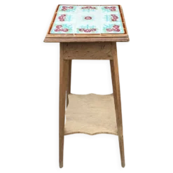 Sellette porte plantes ancienne en bois et carreaux de faience