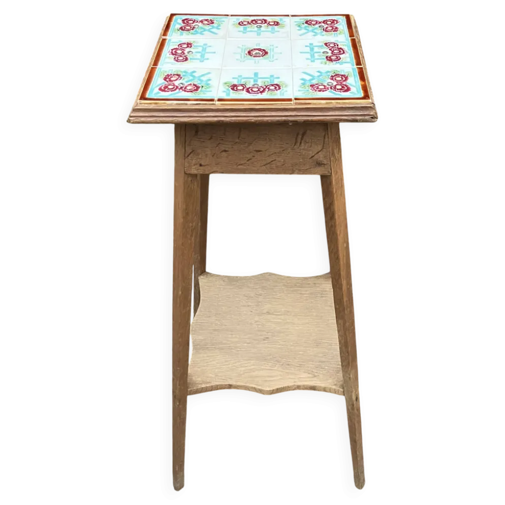 Sellette porte plantes ancienne en bois et carreaux de faience