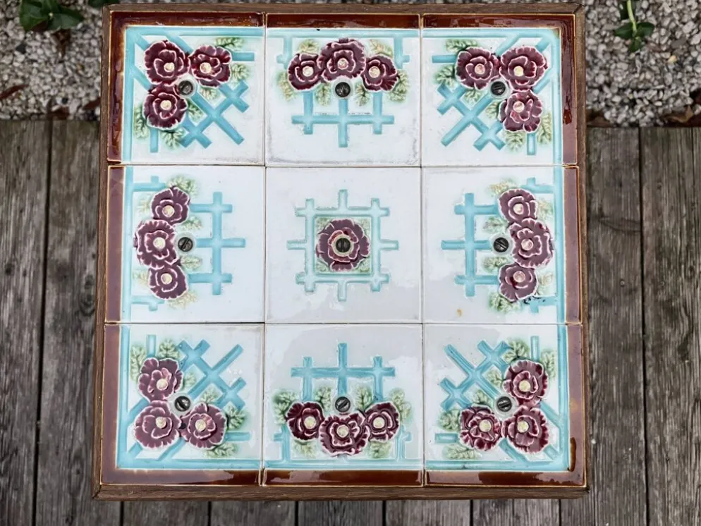 Sellette porte plantes ancienne en bois et carreaux de faience