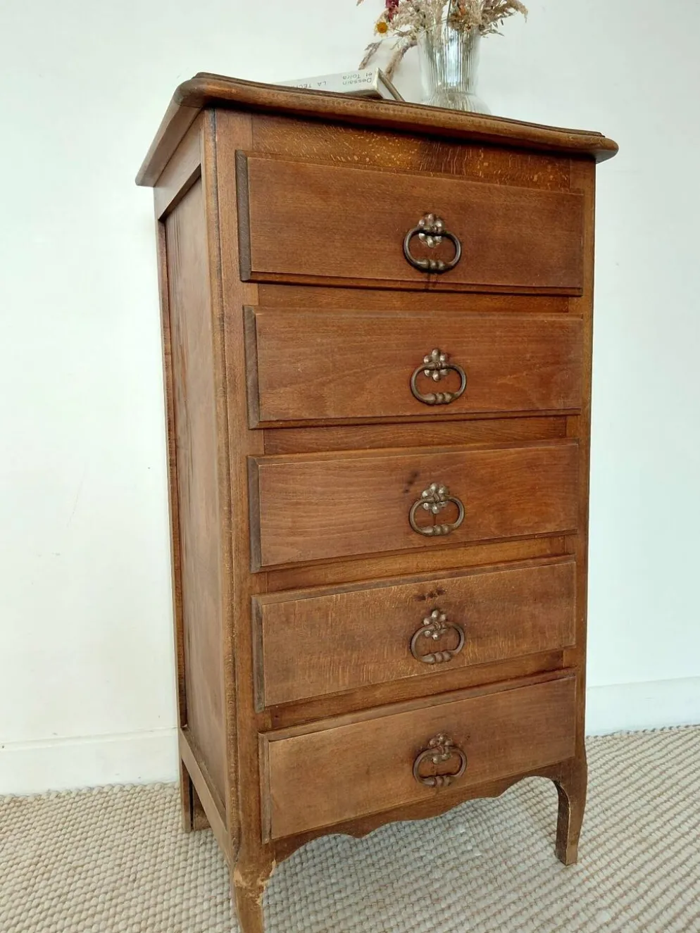 Semainier chiffonnier 5 tiroirs en bois massif style rustique chic