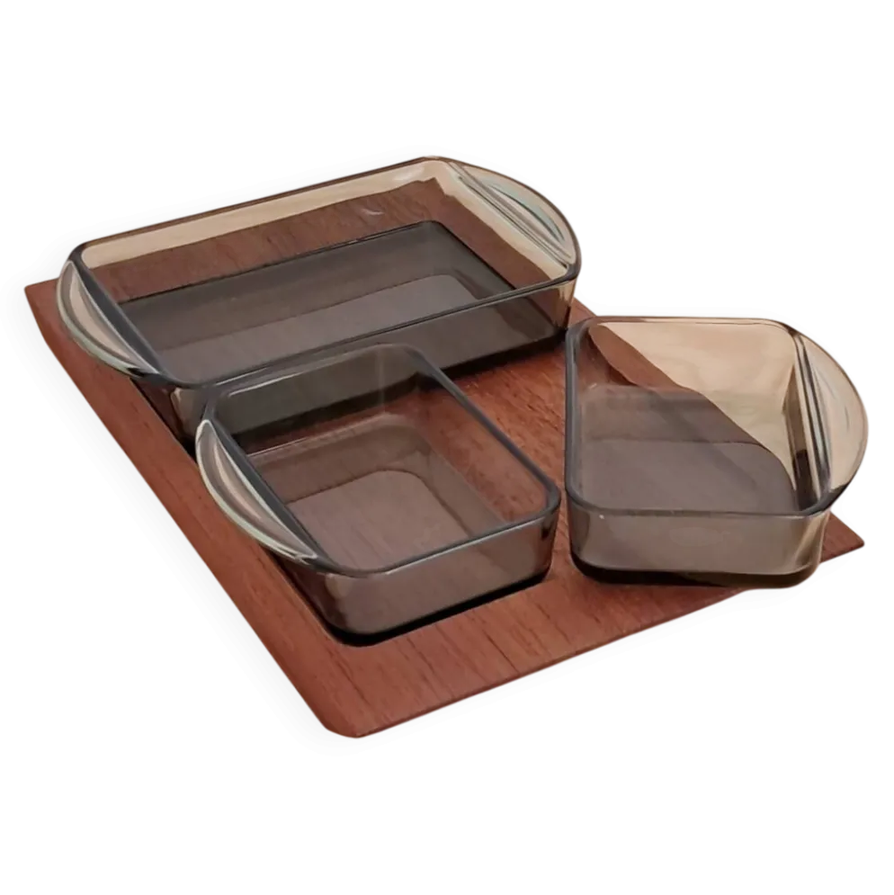 Service apéritif en teck et verre fumé – design scandinave années 60