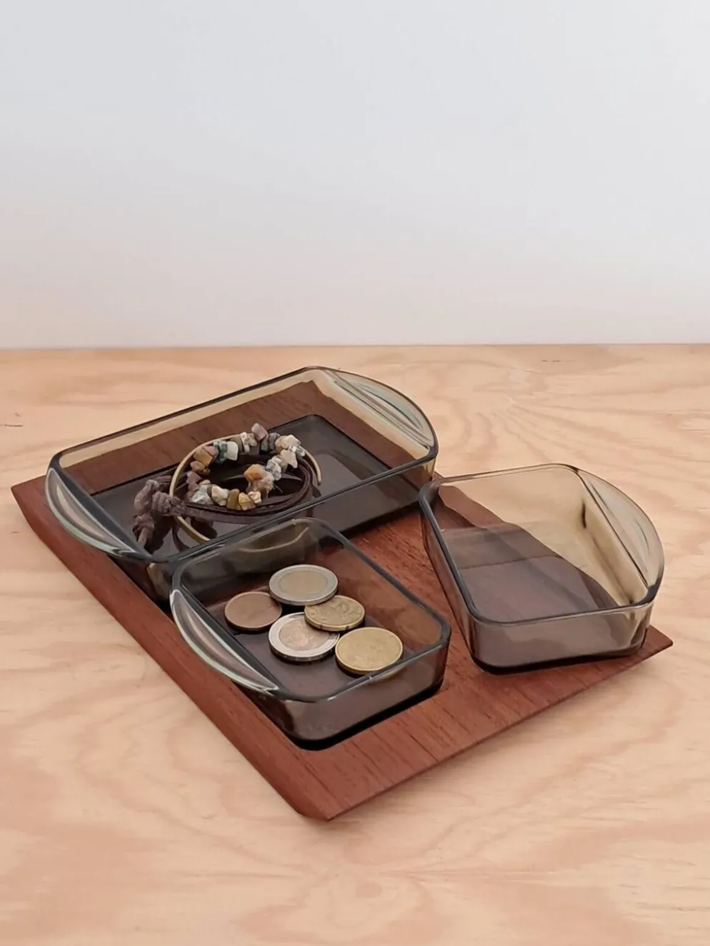 Service apéritif en teck et verre fumé – design scandinave années 60