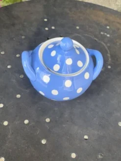 Service a thé en faïence bleue lavande à pois blanc Digoin Sarreguemines