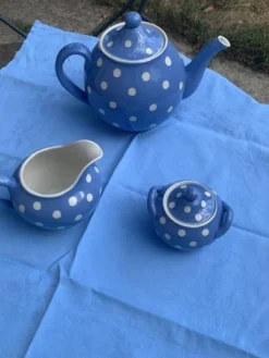 Service a thé en faïence bleue lavande à pois blanc Digoin Sarreguemines