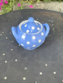 Service a thé en faïence bleue lavande à pois blanc Digoin Sarreguemines