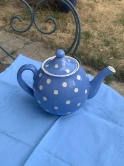 Service a thé en faïence bleue lavande à pois blanc Digoin Sarreguemines