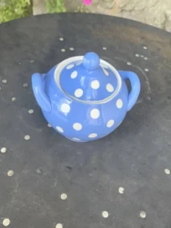 Service a thé en faïence bleue lavande à pois blanc Digoin Sarreguemines