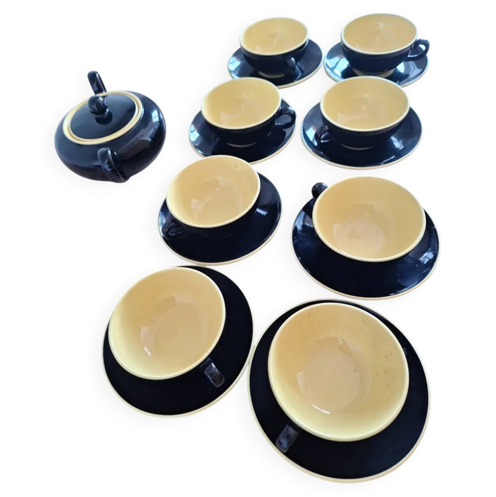 Service à café avec sucrier noir et jaune Villeroy et Boch années 60