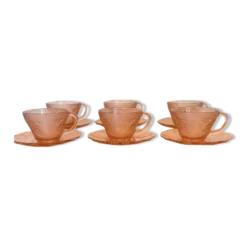 Service à café de 6 tasses en verre rose vintage