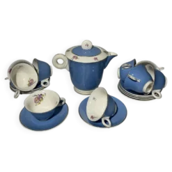 Service à café vintage Digoin Sarreguemines – 9 personnes – Bleu & fle