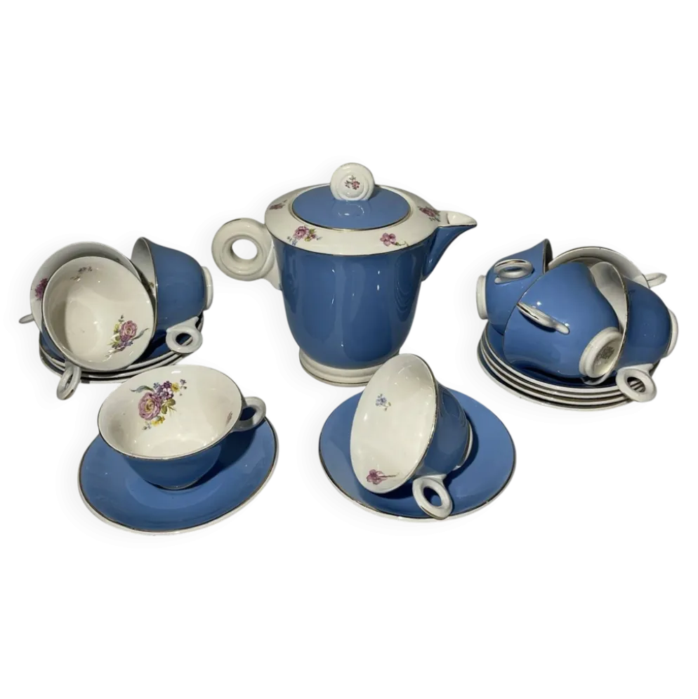 Service à café vintage Digoin Sarreguemines – 9 personnes – Bleu & fle