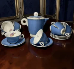 Service à café vintage Digoin Sarreguemines – 9 personnes – Bleu & fle