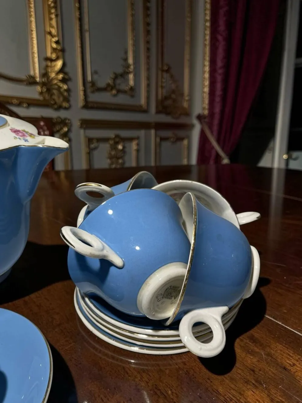 Service à café vintage Digoin Sarreguemines – 9 personnes – Bleu & fle