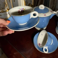Service à café vintage Digoin Sarreguemines – 9 personnes – Bleu & fle