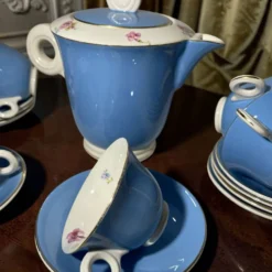 Service à café vintage Digoin Sarreguemines – 9 personnes – Bleu & fle