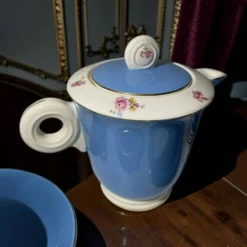 Service à café vintage Digoin Sarreguemines – 9 personnes – Bleu & fle