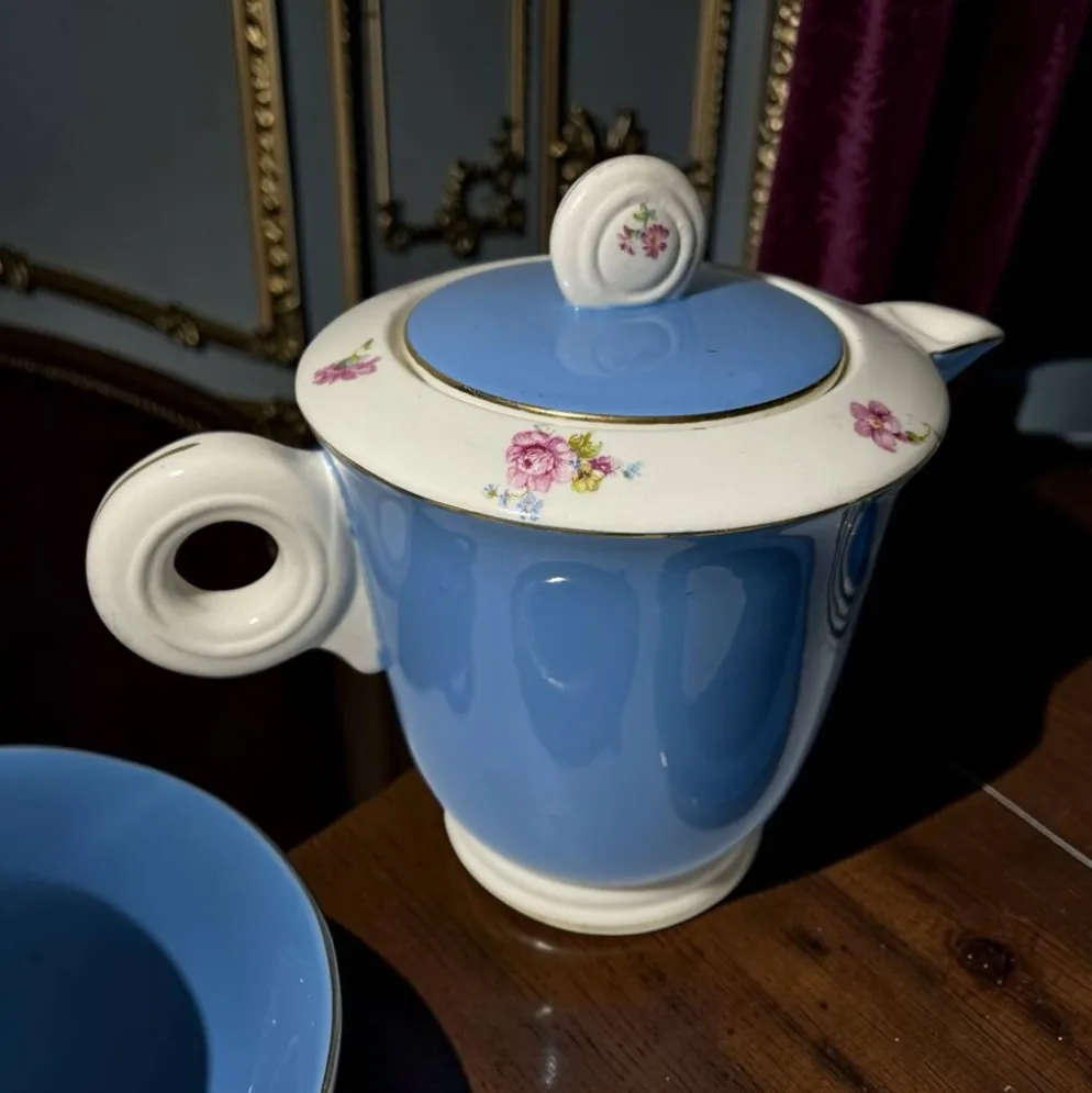 Service à café vintage Digoin Sarreguemines – 9 personnes – Bleu & fle