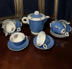 Service à café vintage Digoin Sarreguemines – 9 personnes – Bleu & fle