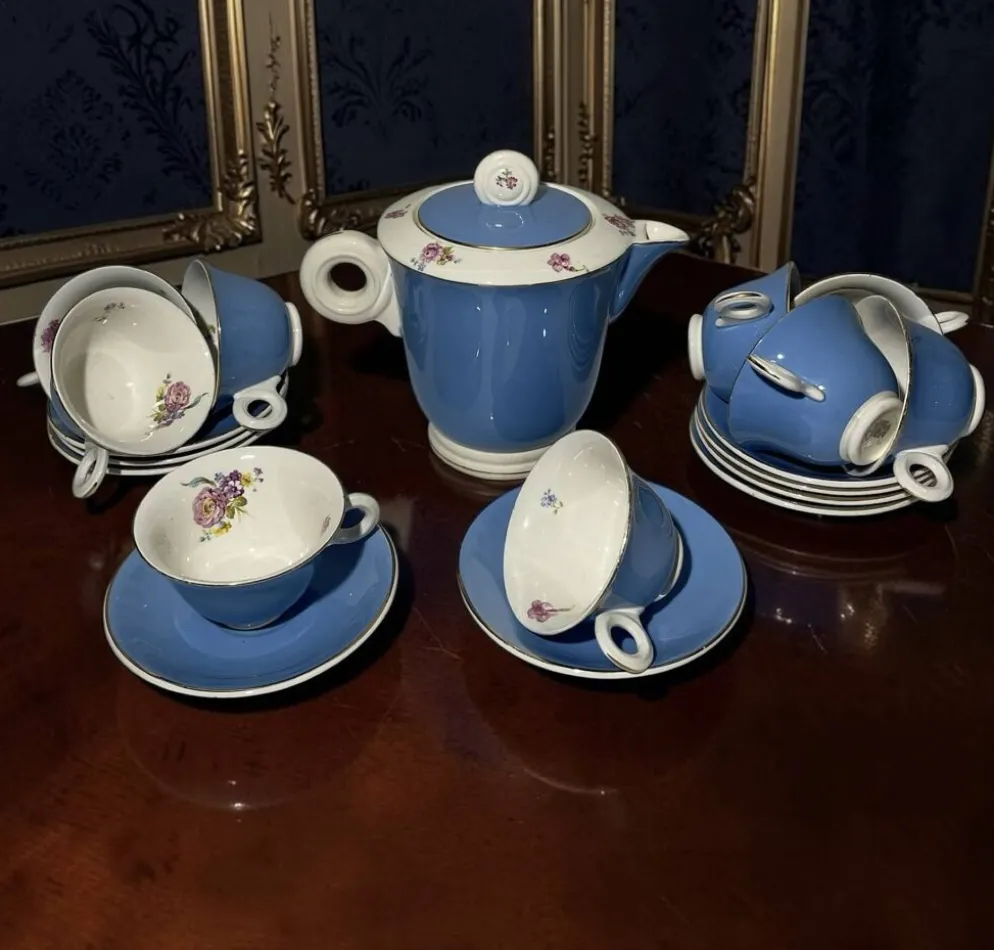 Service à café vintage Digoin Sarreguemines – 9 personnes – Bleu & fle