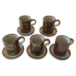 Service à café vintage 10 pièces, 5 tasses plus 5 souscoupes en grès mouch,