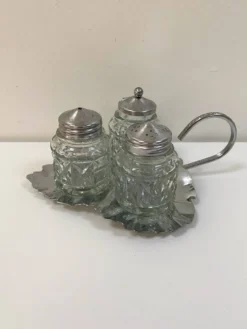Service à condiments vintage en verre et métal argenté