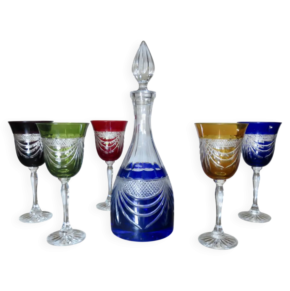 Service cristal couleur "Cristalleries de Lorraine" carafe et 5 verres