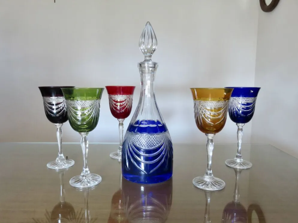 Service cristal couleur "Cristalleries de Lorraine" carafe et 5 verres