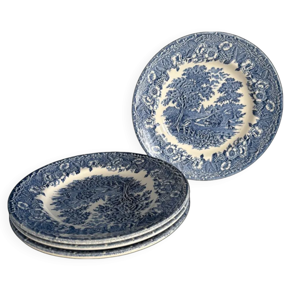 Service de 4 assiettes à dessert vintage porcelaine anglaise bleu décor cha