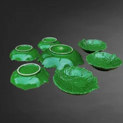 Service à dessert majolique italienne C.A.L Nove – feuilles de vigne vert - 7 pièces - années 60