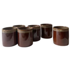Service de 6 tasses a café en céramique artisanale émaillée brun ambré 1970