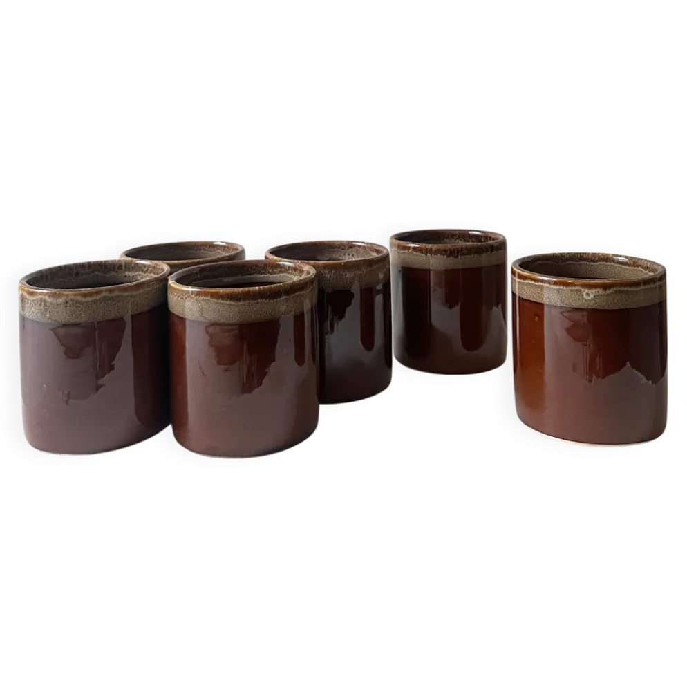 Service de 6 tasses a café en céramique artisanale émaillée brun ambré 1970