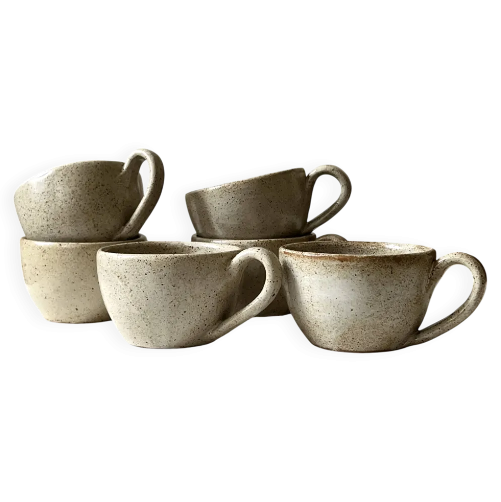 service de 6 tasses a café en céramique, travail artisanal 1970